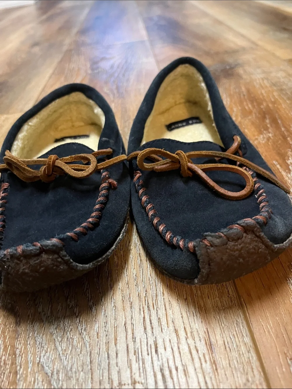 Lands' End Black Suede Moccasin Slippers with Brown Trim